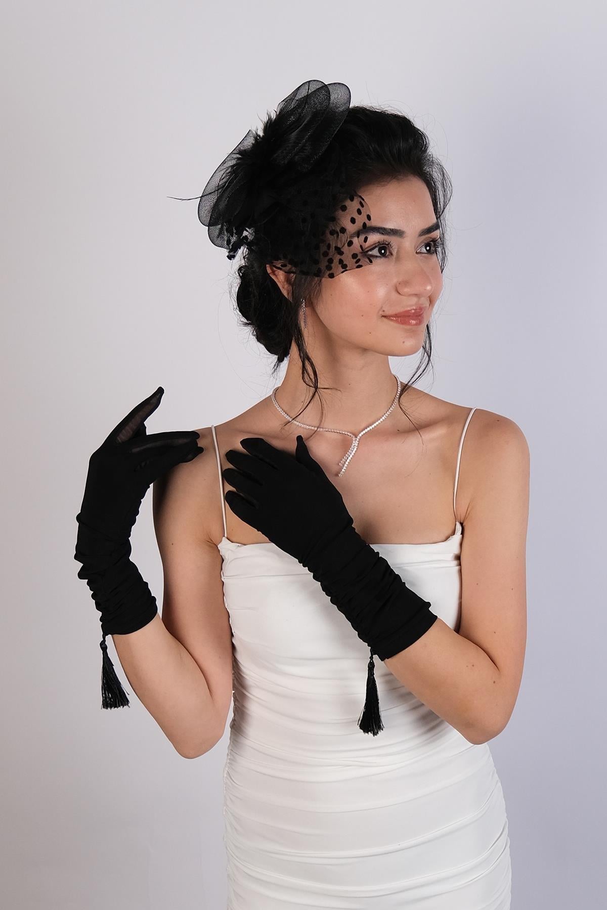 Likralı Sendi Kumaş Püsküllü Uzun Eldiven Ve Vualet Nikah Şapkası