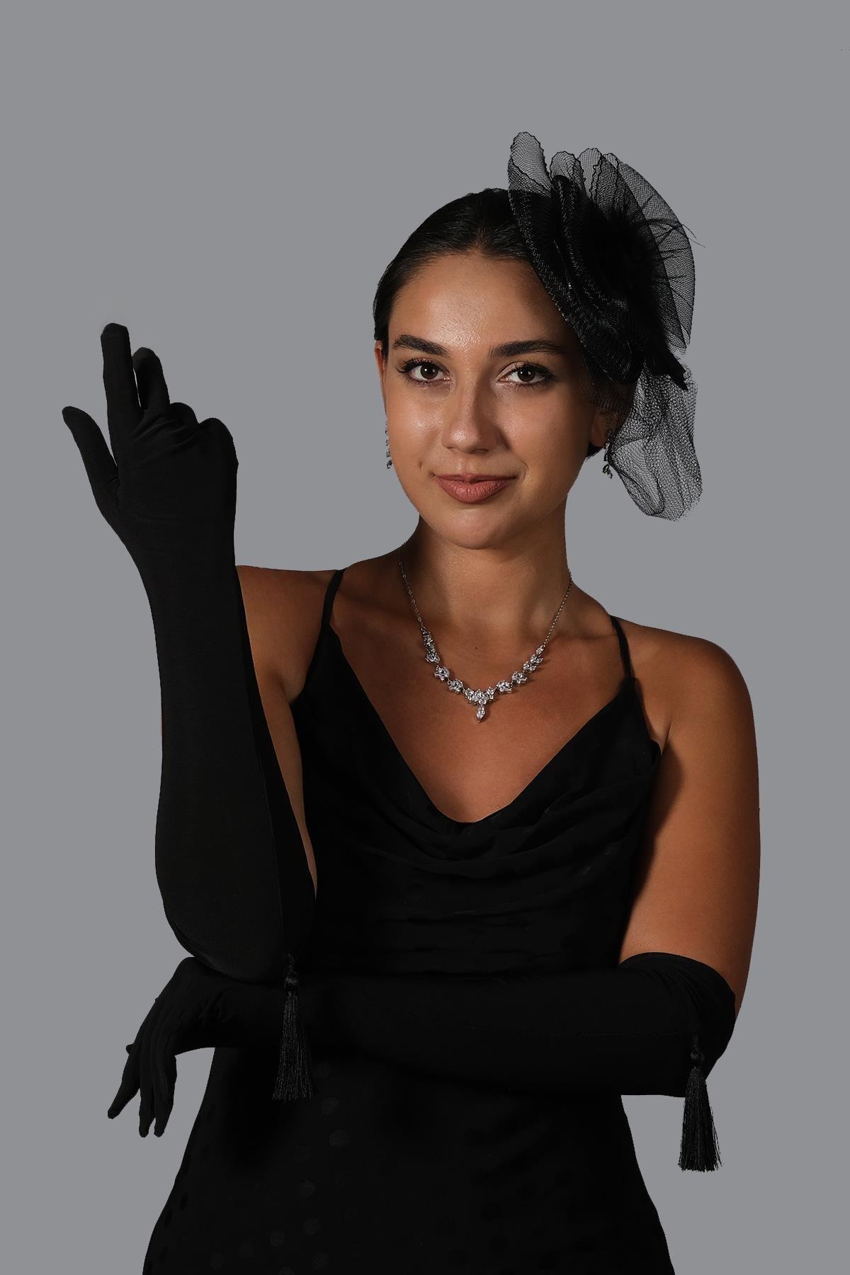 Likralı Sendi Kumaş Püsküllü Uzun Eldiven Ve Düz Vualet Nikah Şapkası