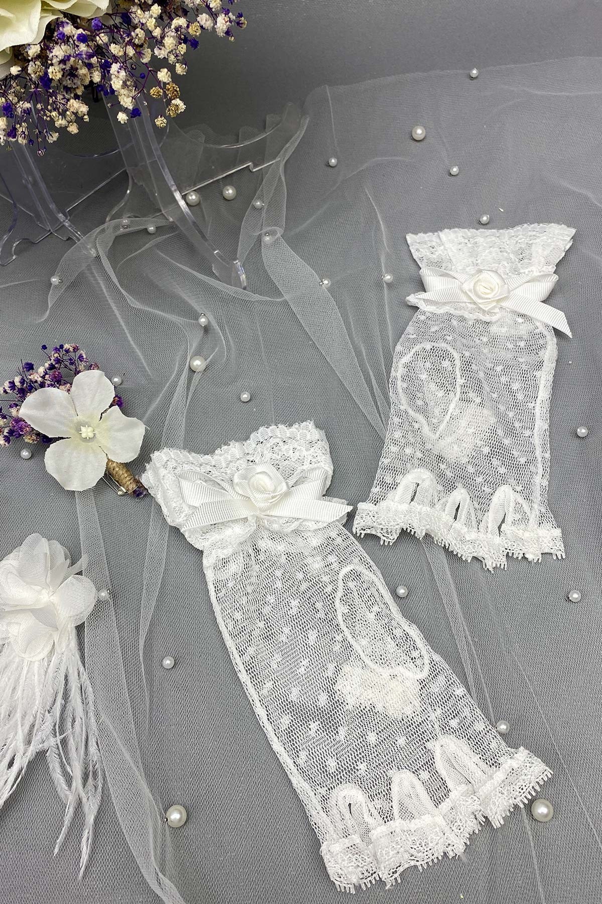 Mor Ortancalı Gelin Buketi,Nikah Şapkası ve Gelin Eldiveni Seti