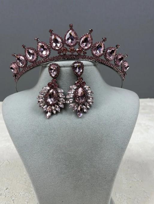Neri Model Düğün Kına Kostüm Tacı ve Damla Mekik Küpe Seti Pembe