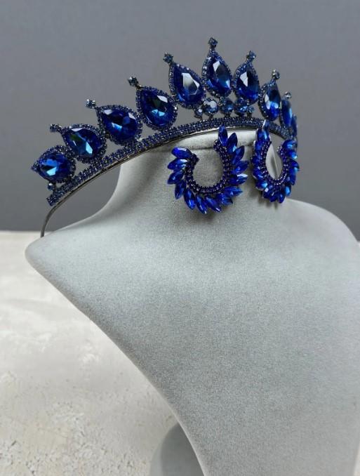 Neri Model Düğün Kına Kostüm Tacı ve Yaprak Küpe Seti Sax Blue
