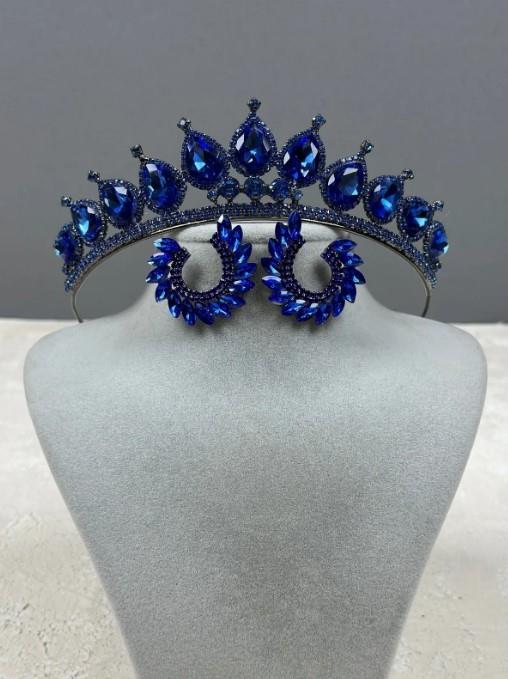 Neri Model Düğün Kına Kostüm Tacı ve Yaprak Küpe Seti Sax Blue