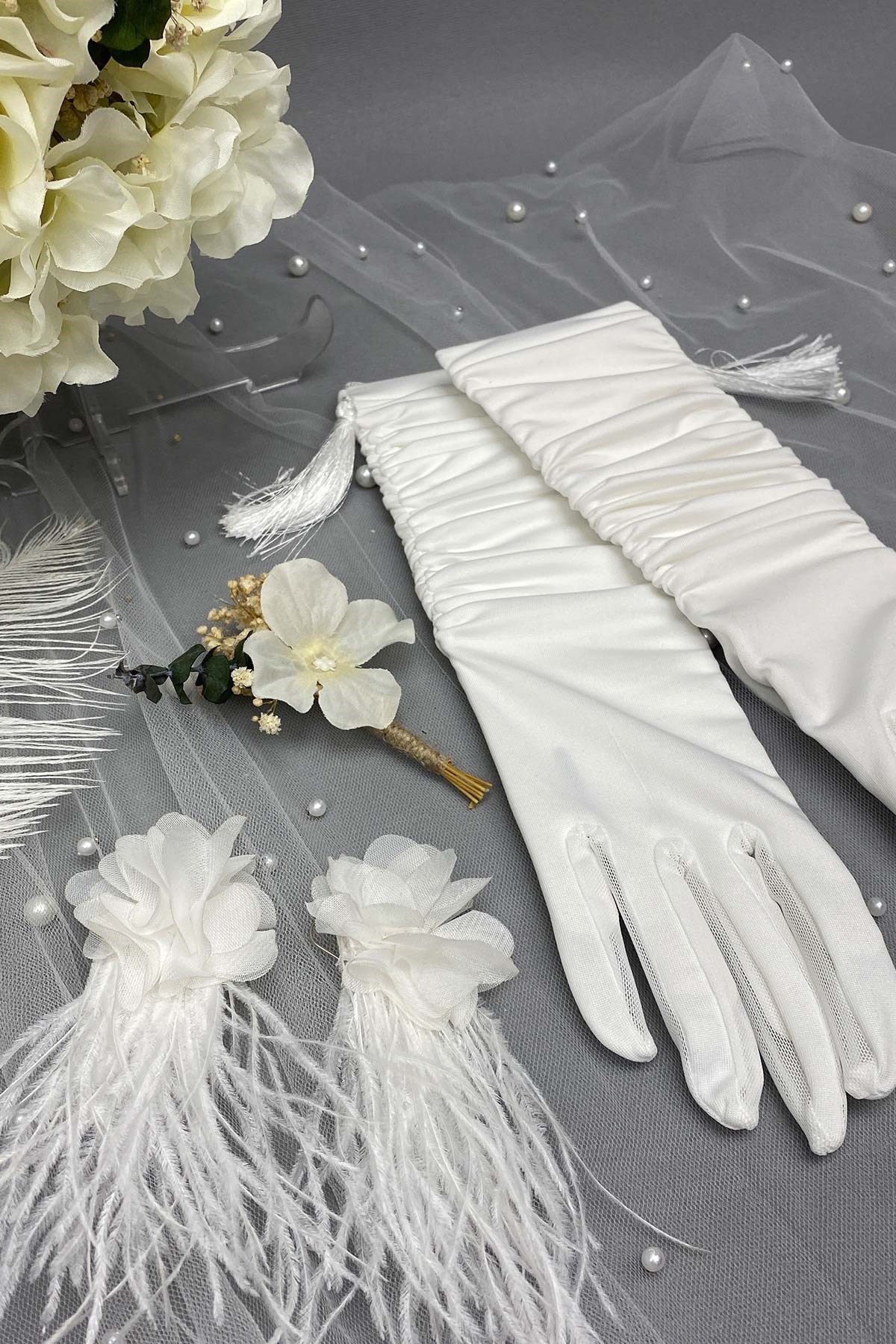 Okaliptuslu Gelin Buketi Nikah Şapkası ve Gelin Eldiveni Seti