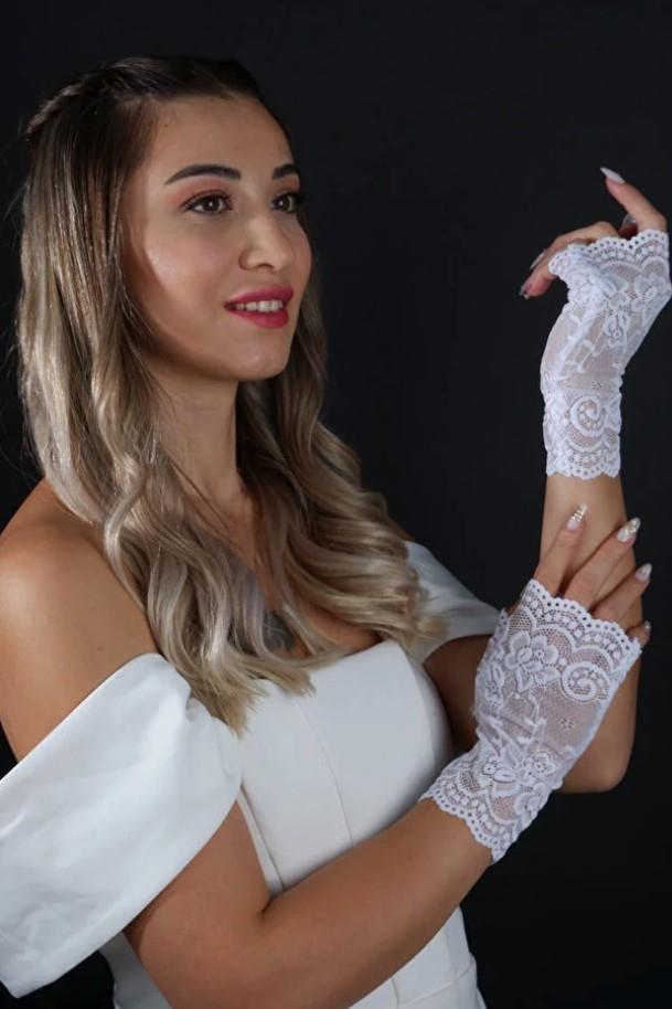Parmaksız Dantel Gelin Eldiveni Kısa Nikah Abiye Aksesuar