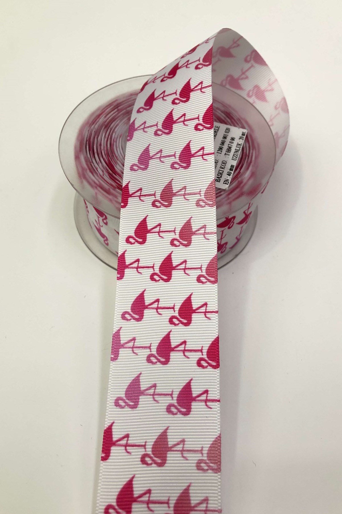 Pembe Flamingo Baskılı Grogren Kurdele 4 Cm