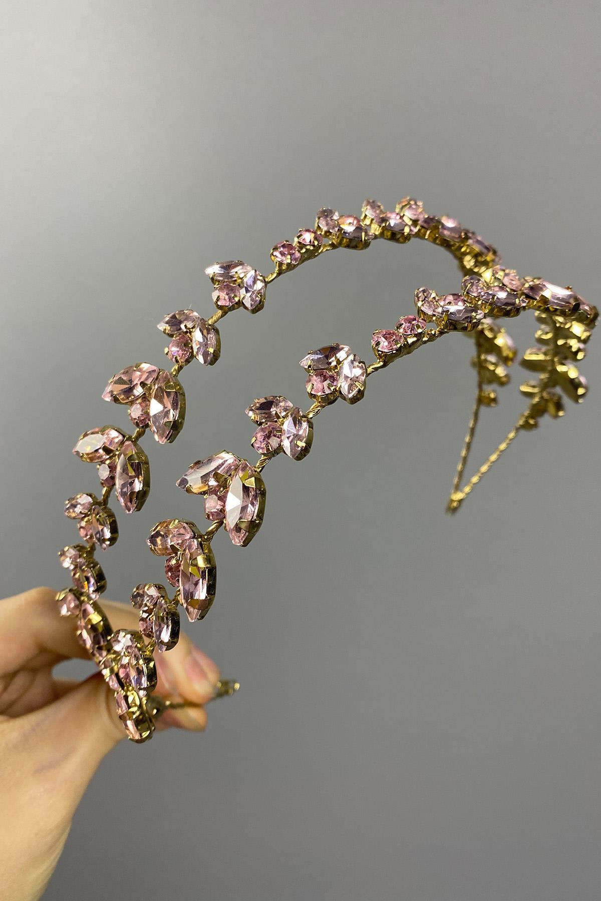 Pembe Gold Zeminli Alfa Çift Sıra Gelin Kına Tacı