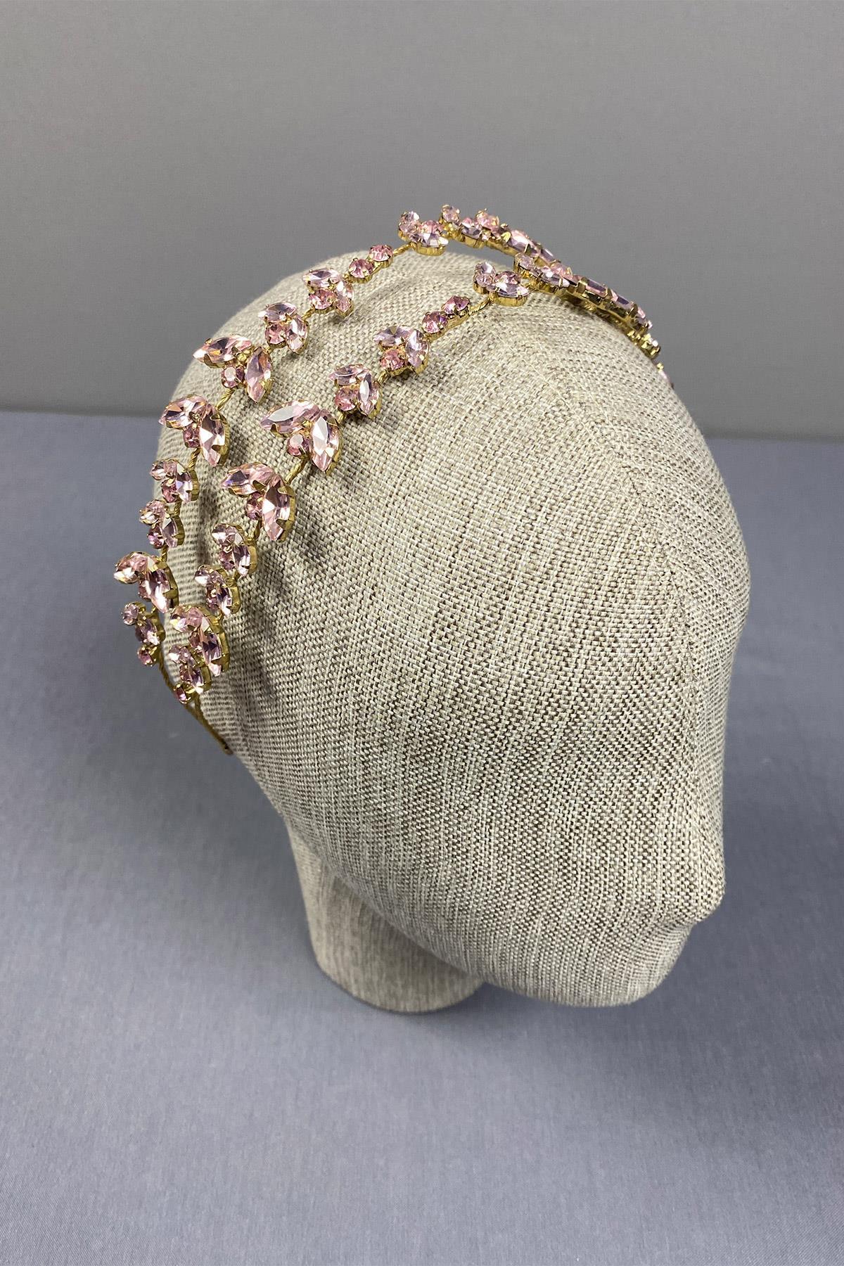 Pembe Gold Zeminli Alfa Çift Sıra Gelin Kına Tacı