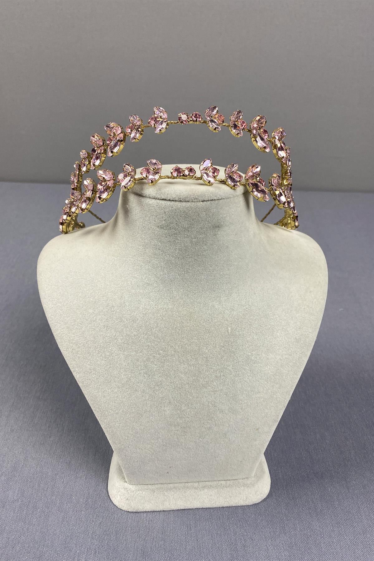 Pembe Gold Zeminli Alfa Çift Sıra Gelin Kına Tacı