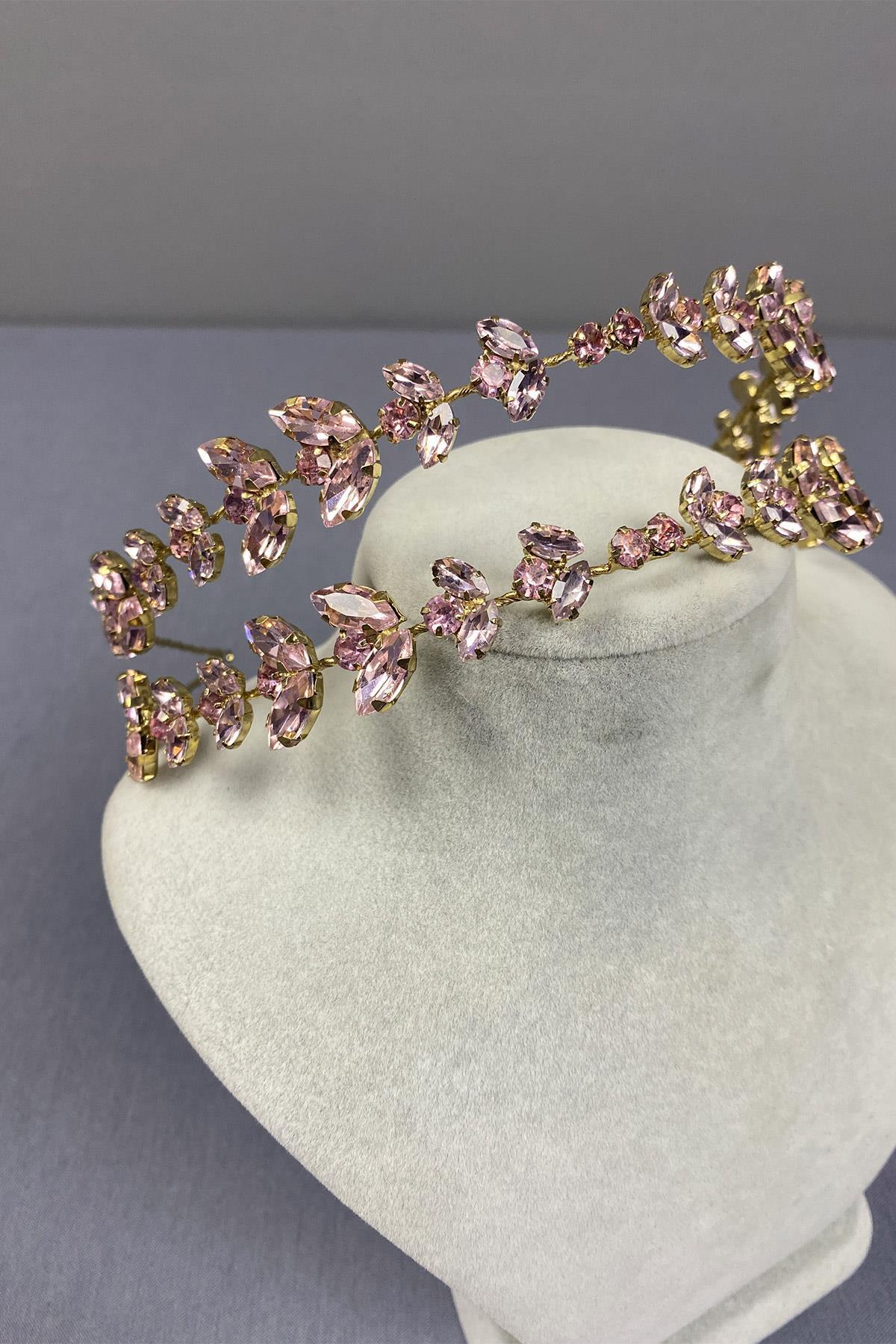 Pembe Gold Zeminli Alfa Çift Sıra Gelin Kına Tacı