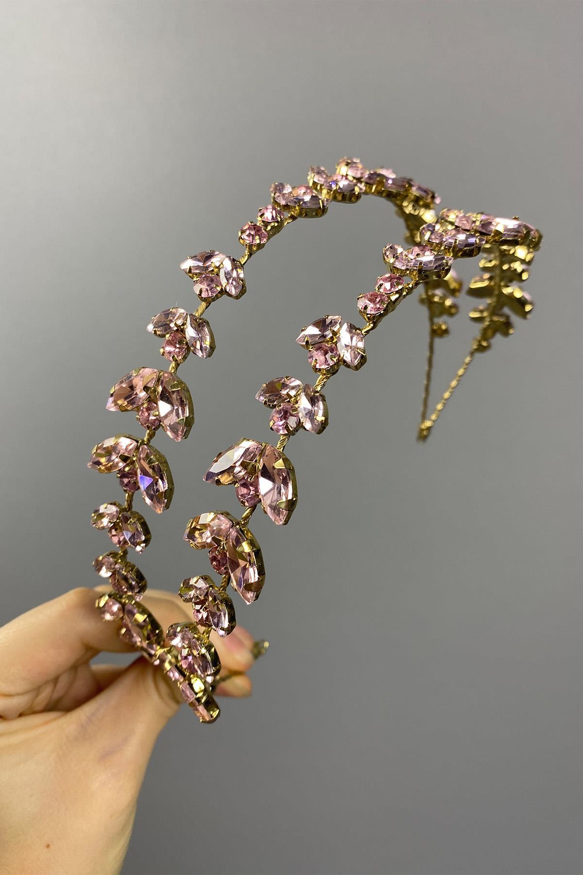 Pembe Gold Zeminli Alfa Çift Sıra Gelin Kına Tacı