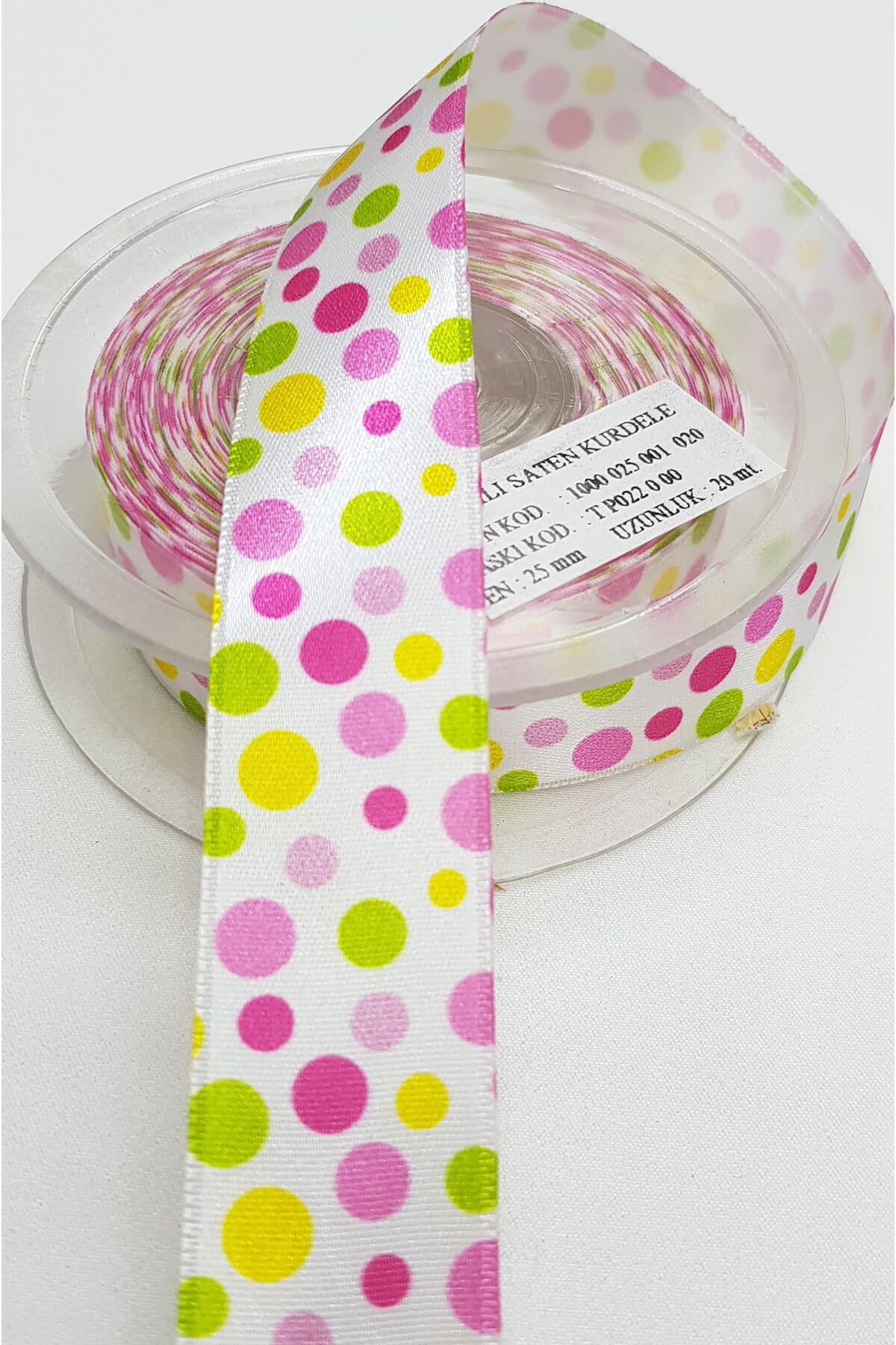 Pembe Puantiyeli Baskılı Saten Kurdele 2,5Cm