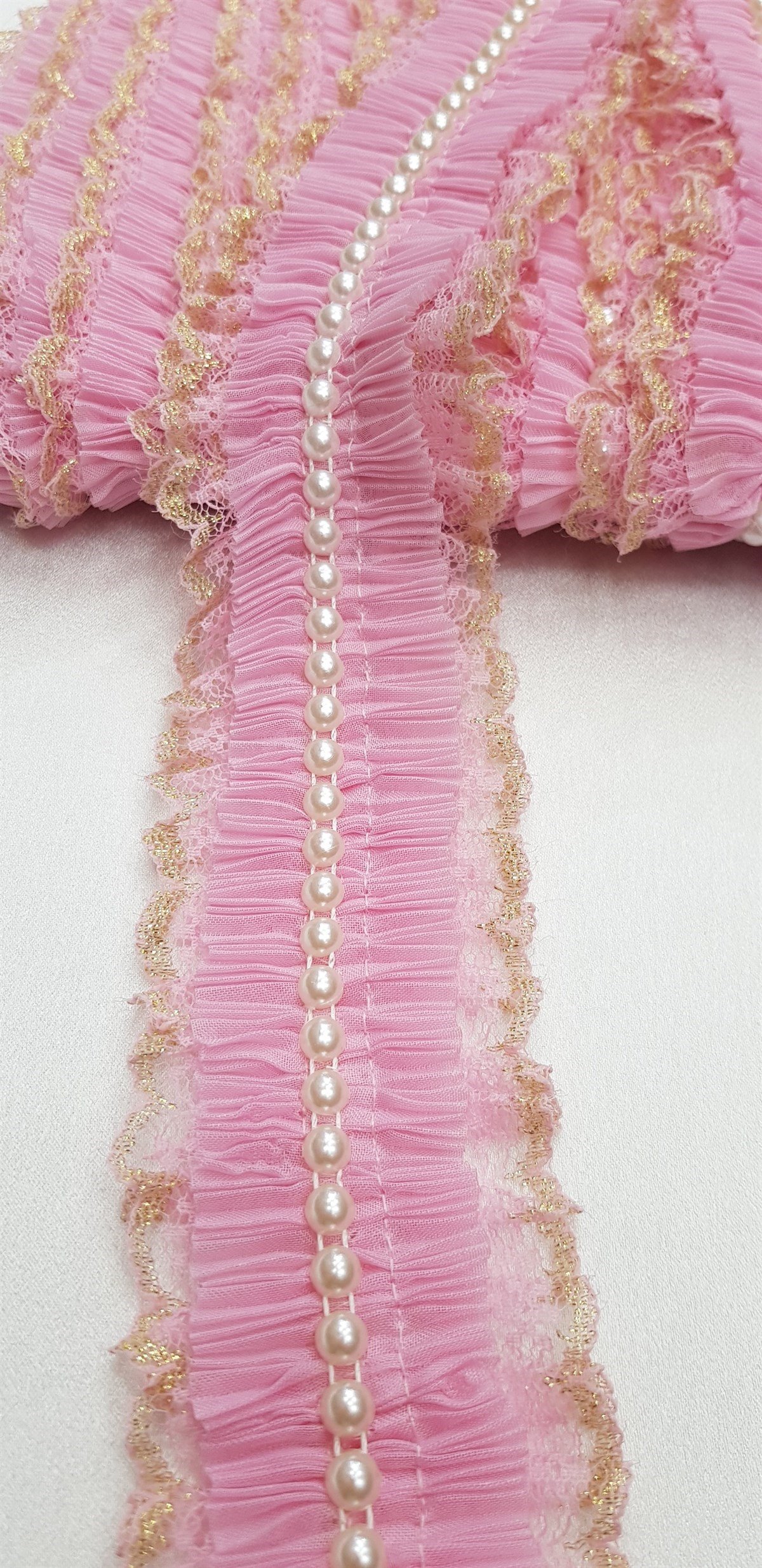 Pembe Renk İnci Dantelli Fırfır 3-4 cm