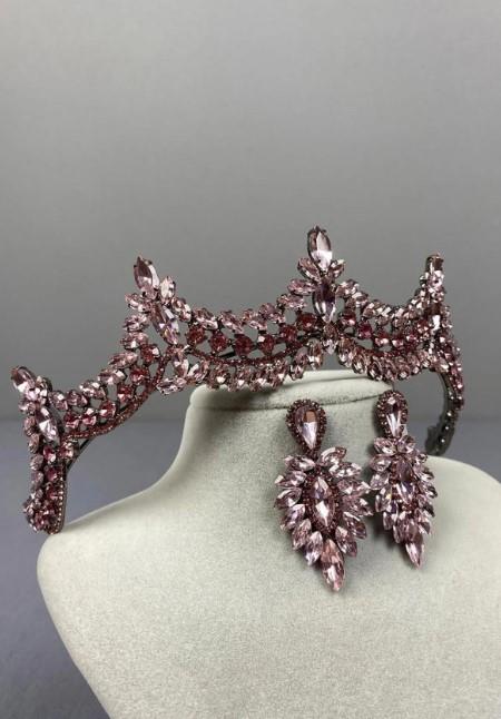 Pembe Venedik Taşlı Gelin Kına Tacı Ve İnce Mekikli Küpe Seti