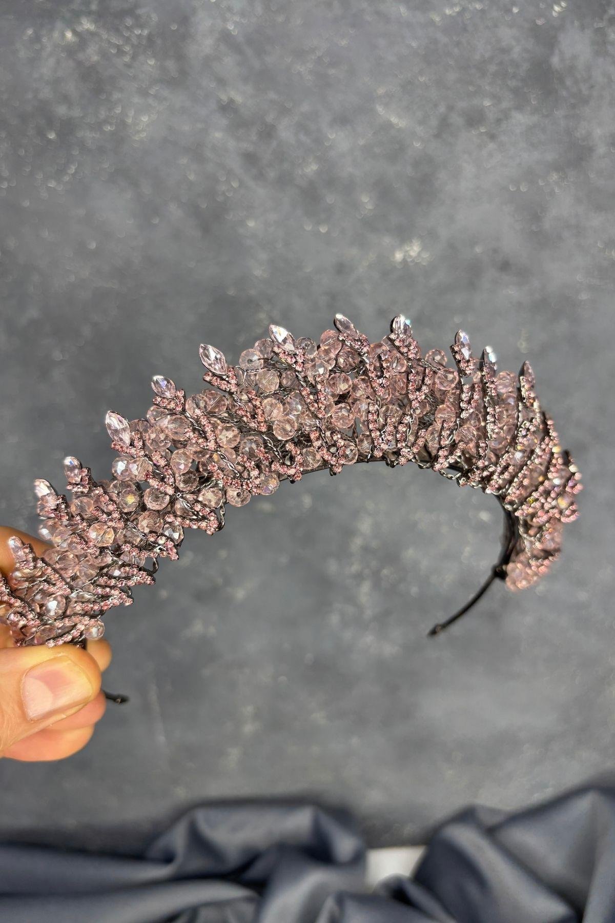 Pudra Kristal Boncuk İşlemeli Buğlem Gelin Tacı