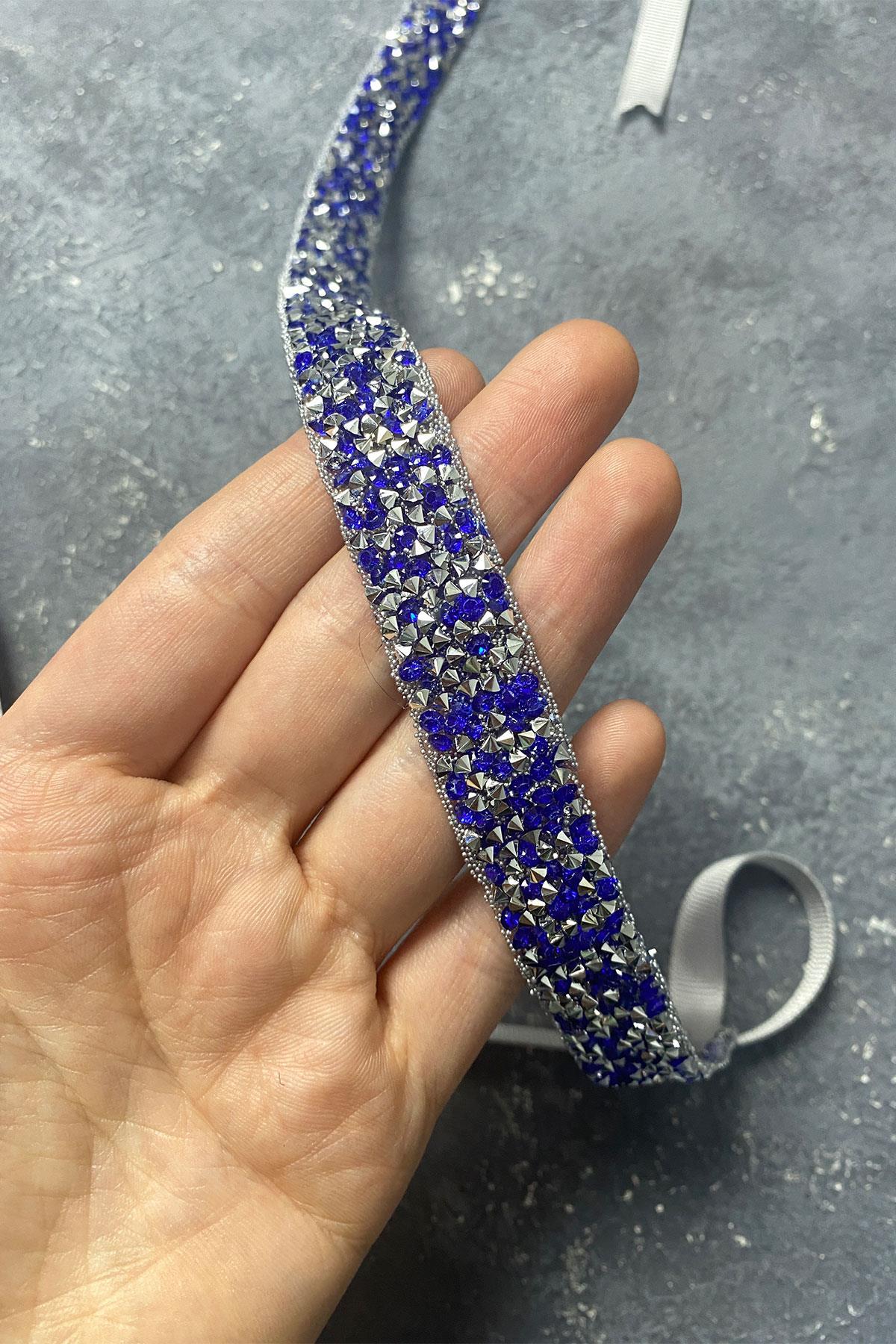Saks Mavi Boncuk İşlemeli Abiye Elbise Kemeri Bel Aksesuarı