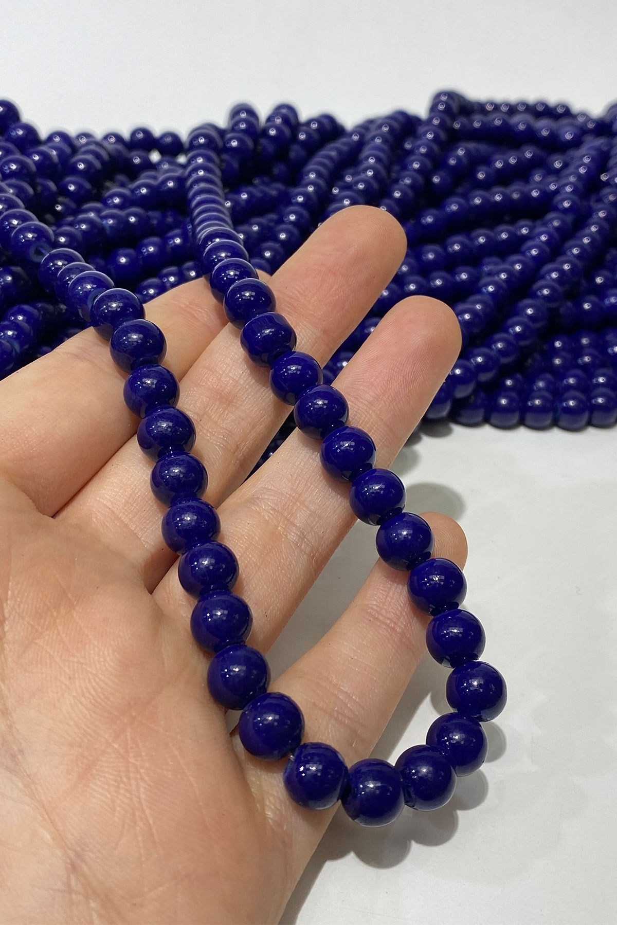 Saks Mavi Desenli Dizi Cam Boncuk 8 mm