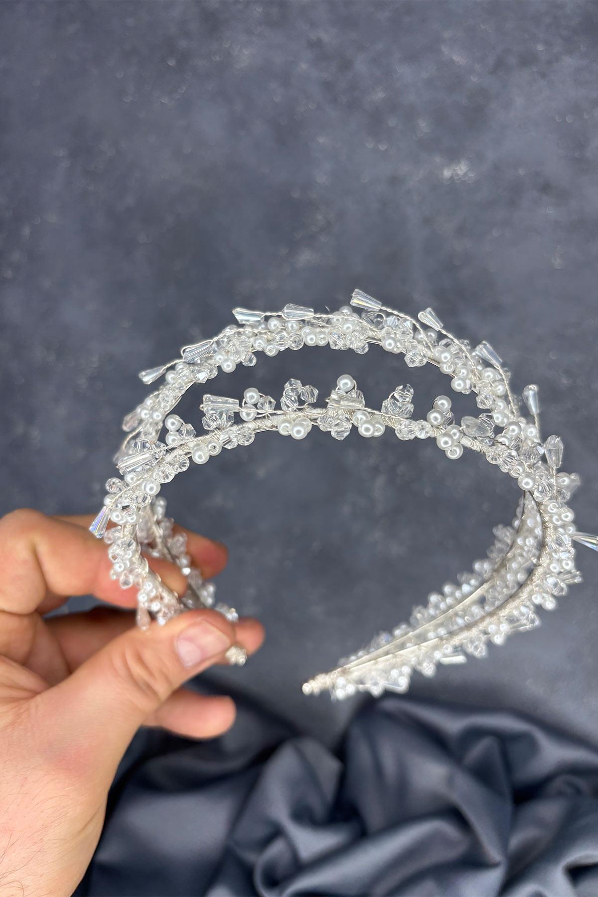 Sare Model Çift Sıra Gelin Kına Tacı Saç Aksesuarı