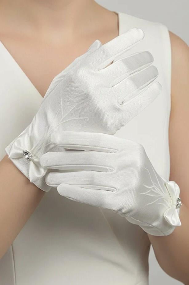 Saten Gelin Eldiveni - Fiyonklu ve Taş Detaylı Kısa Nikah Eldiveni