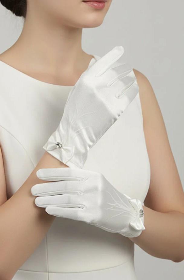 Saten Gelin Eldiveni - Fiyonklu ve Taş Detaylı Kısa Nikah Eldiveni