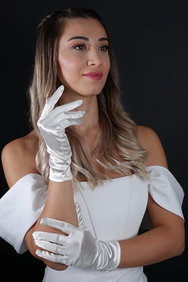 Saten Kısa Abiye Eldiven Opera 21 Cm Boy Nişan Düğün Balo Gece Elbisesi Şık Aksesuar