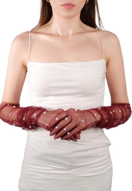 Şık Sade İncili Tül Gelin Kostüm Eldiveni Bordo