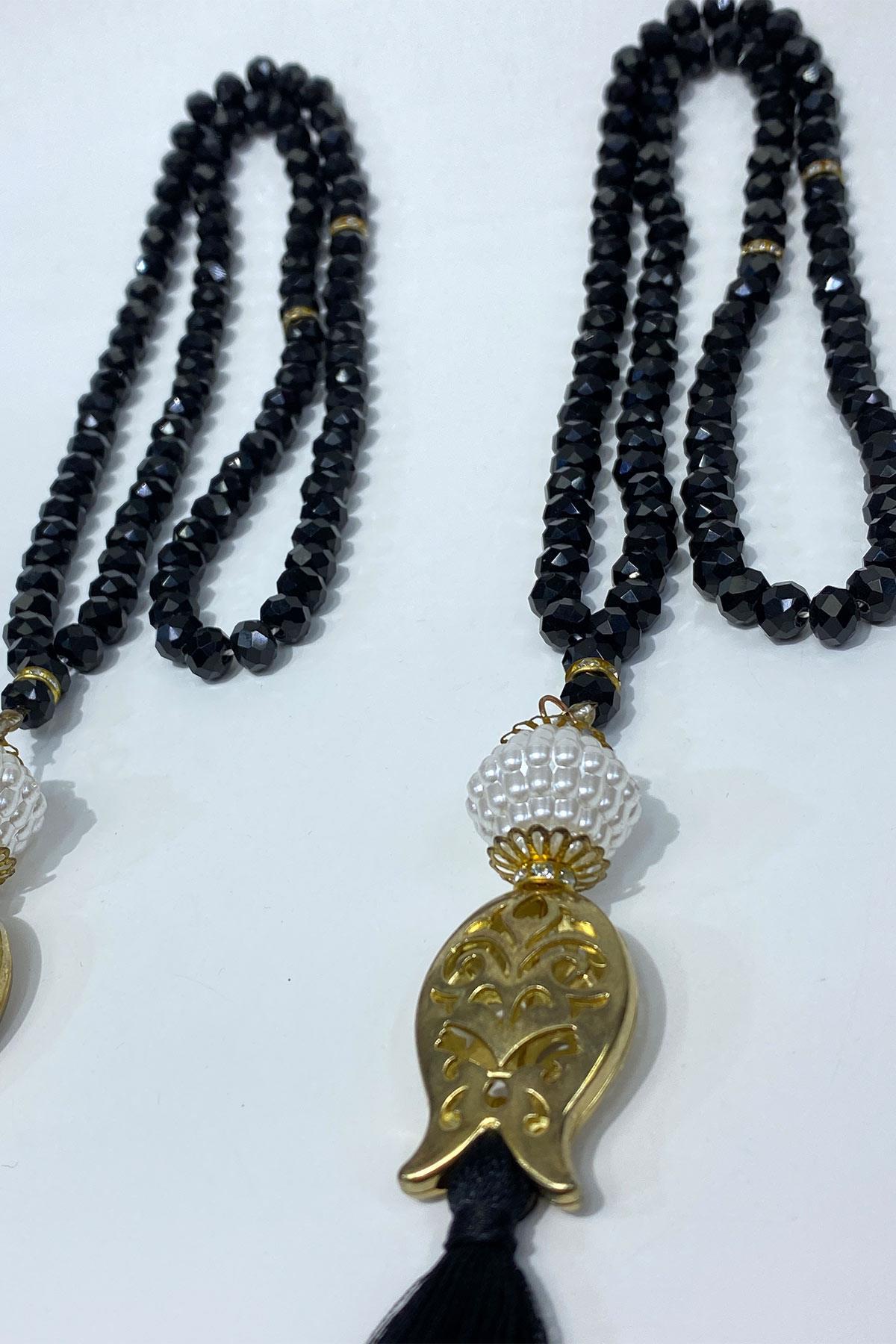 Siyah Hediyelik Laleli Püsküllü Kristal Boncuklu 99 Lu Namaz Tesbihi ( Mevlüt-sünnet-hac-umre)