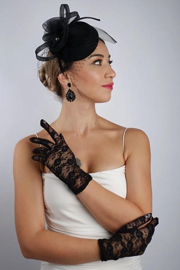 Siyah Kısa Dantelli Gelin Eldiveni Düğün Nikah Aksesuarı Fascinator Şapka Seti
