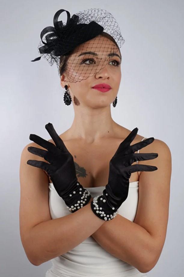 Siyah Kısa İncili Gelin Eldiveni Düğün Nikah Aksesuarı Fascinator Şapka Seti