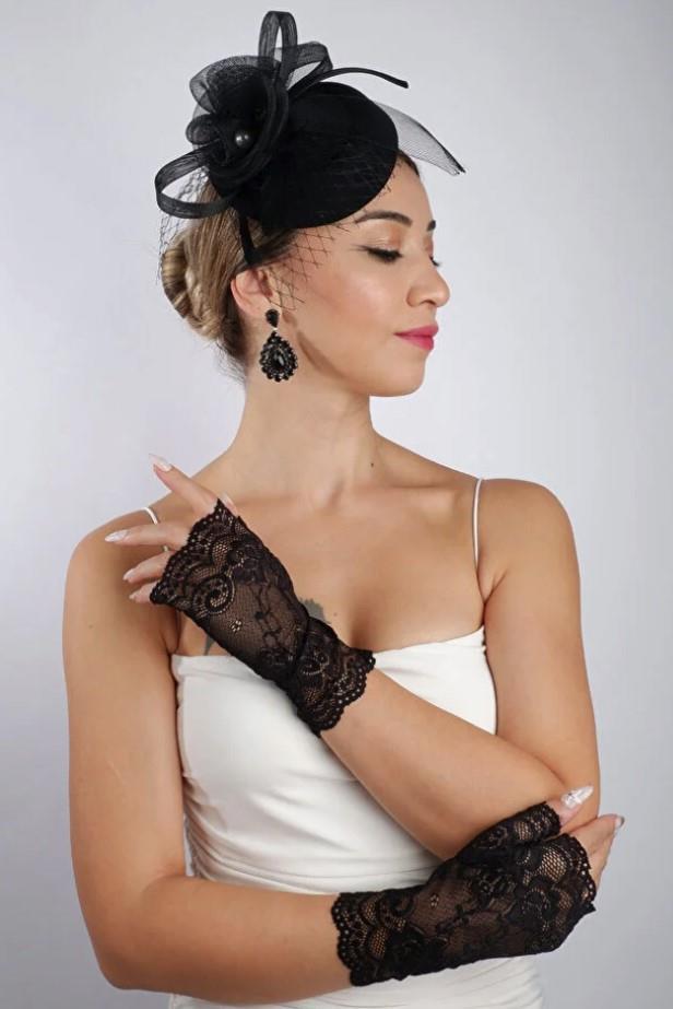 Siyah Parmaksız Dantel Gelin Eldiveni Düğün Nikah Aksesuarı Fascinator Şapka Seti