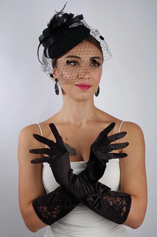 Siyah Saten Çift Fiyonk Kısa Gelin Eldiveni Düğün Nikah Aksesuarı Fascinator Şapka