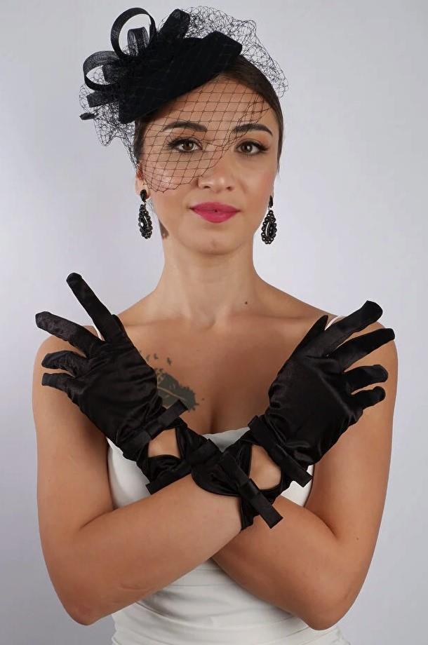 Siyah Saten Çift Fiyonklu Gelin Eldiveni Düğün Nikah Aksesuarı Fascinator Şapka Seti