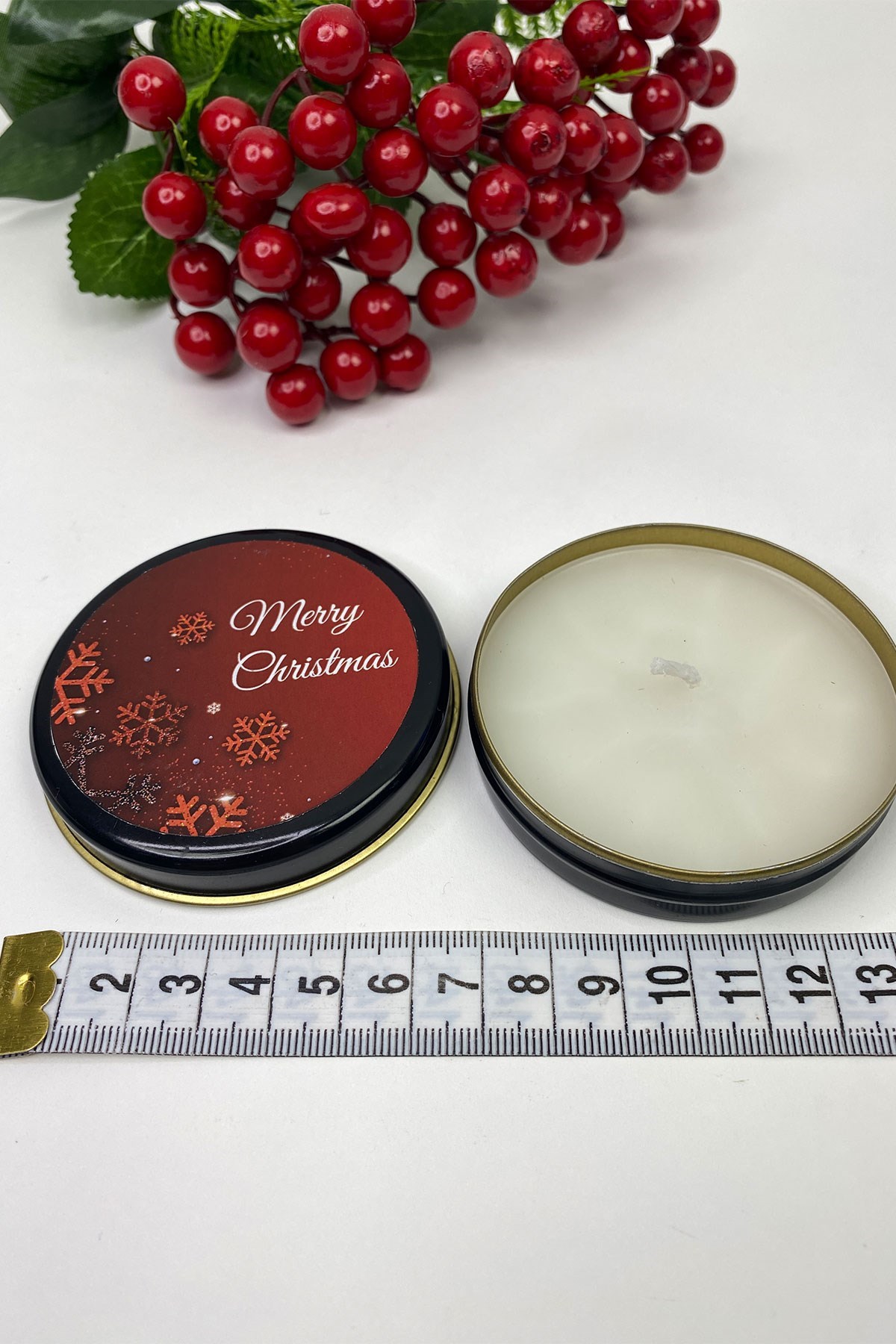 Siyah Teneke Mum Yuvarlak Kırmızı Merry Christmas Baskılı