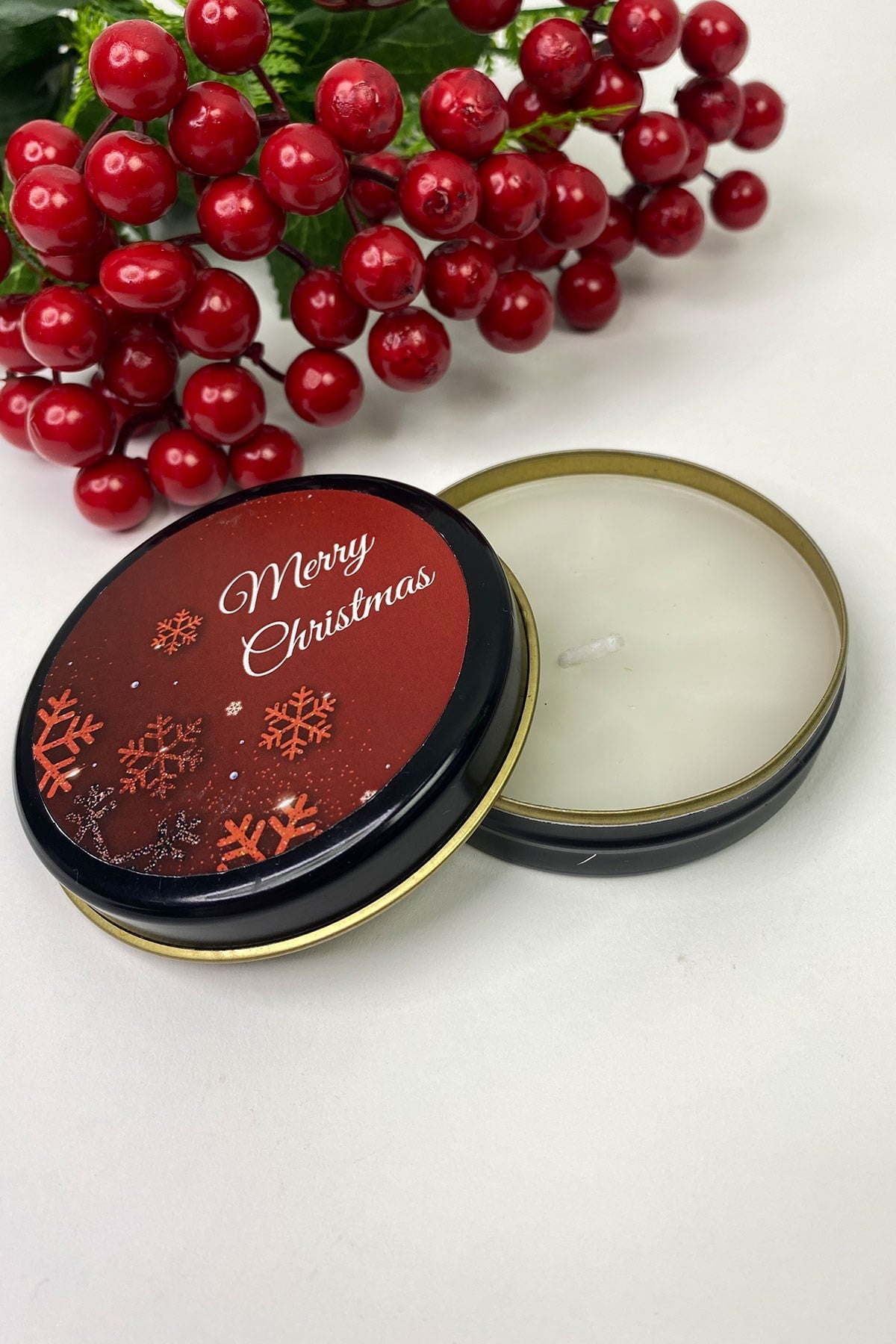 Siyah Teneke Mum Yuvarlak Kırmızı Merry Christmas Baskılı