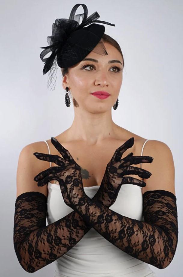 Siyah Uzun Saten Dantelli Fiyonklu Gelin Eldiveni Düğün Nikah Fascinator Şapka Seti
