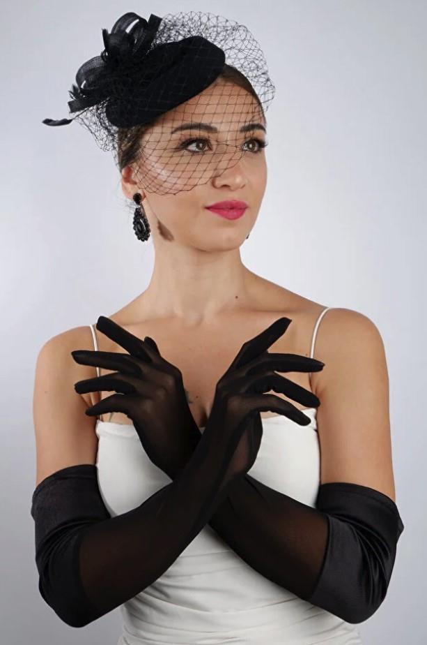 Siyah Yarı Saten Tül Gelin Eldiveni ve Düğün Nikah Fascinator Şapka Seti