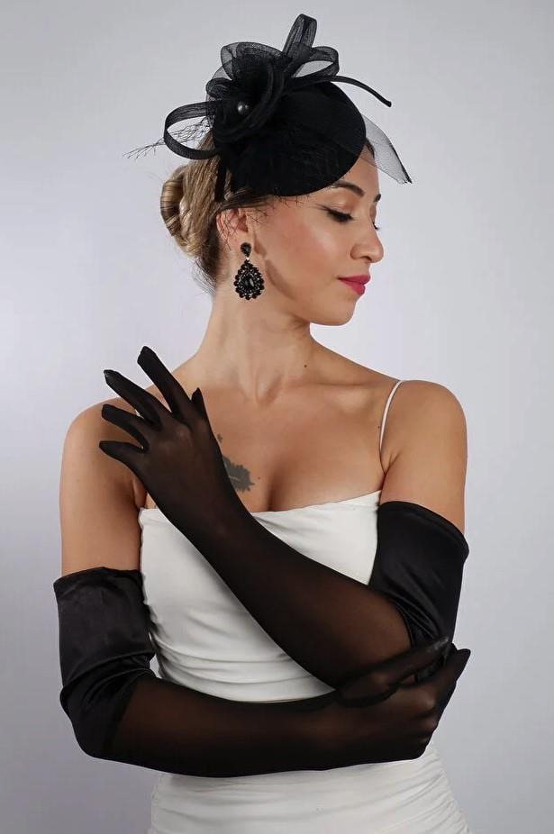 Siyah Yarı Saten Tül Gelin Eldiveni ve Düğün Nikah Fascinator Şapka Seti