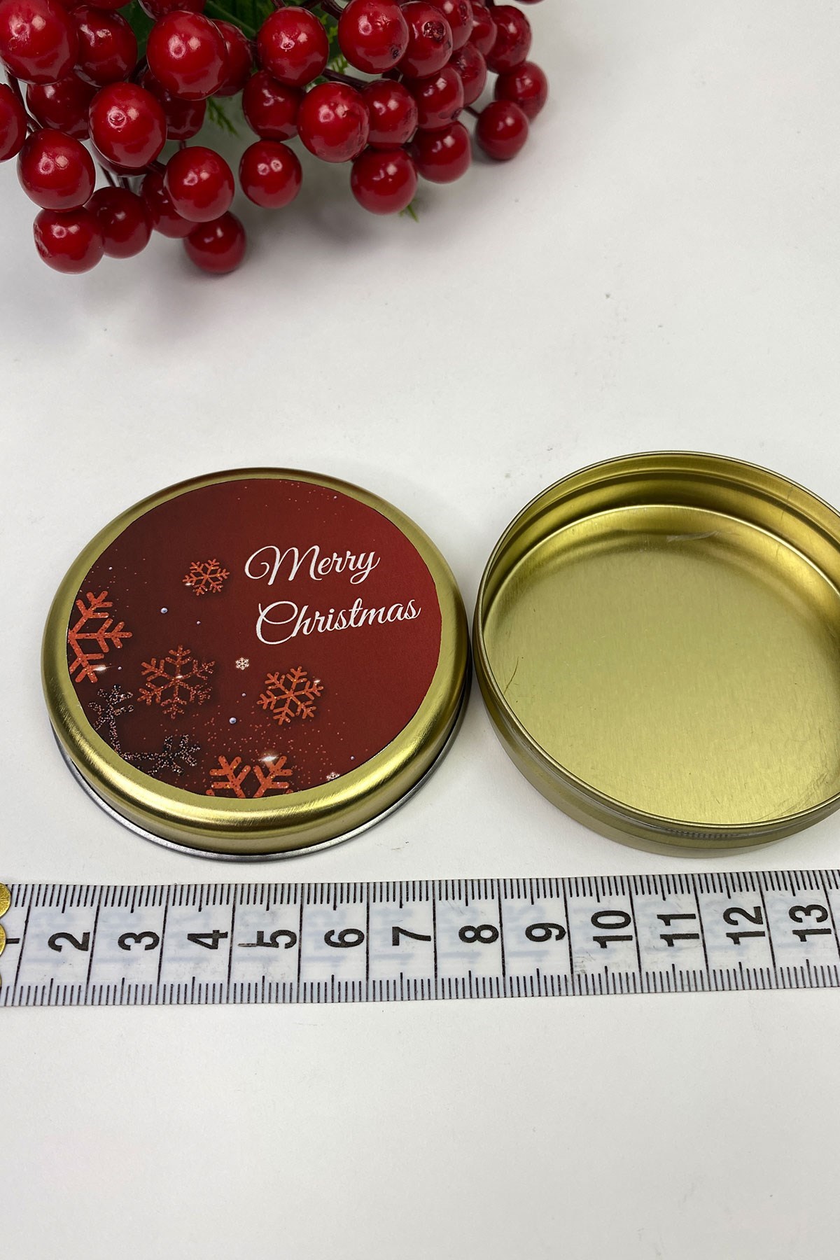 Teneke Kutu Gold Yuvarlak Kırmızı Merry Christmas Baskılı