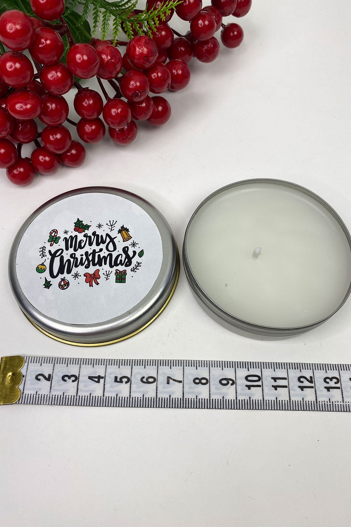 Teneke Mum Gümüş Yuvarlak Beyaz Merry Christmas Baskılı
