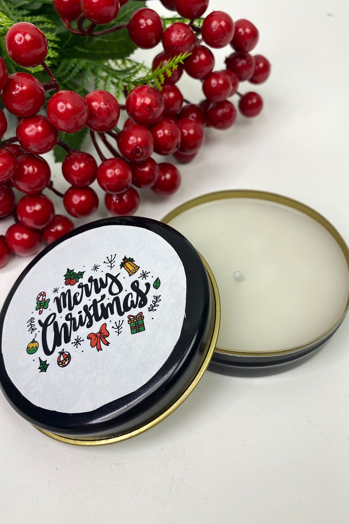 Teneke Mum Siyah Yuvarlak Beyaz Merry Christmas Baskılı
