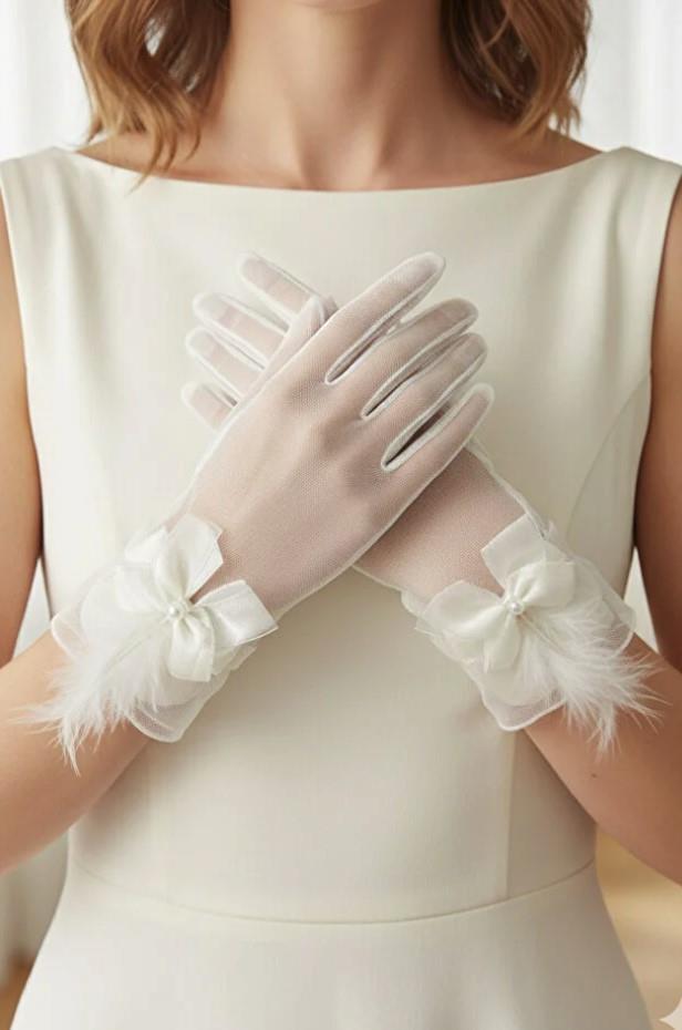 Tüylü Şeffaf İncili Fiyonk Süslemeli Modern Nikah ve Düğün Gelin Eldiveni