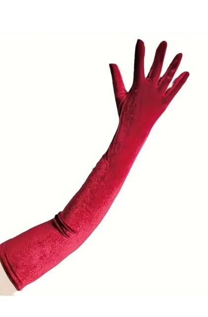 Uzun Kadife Gelin Eldiveni Şık Asil Parti, Düğün Kostüm, Özel Günler İçin Opera Boy Kırmızı