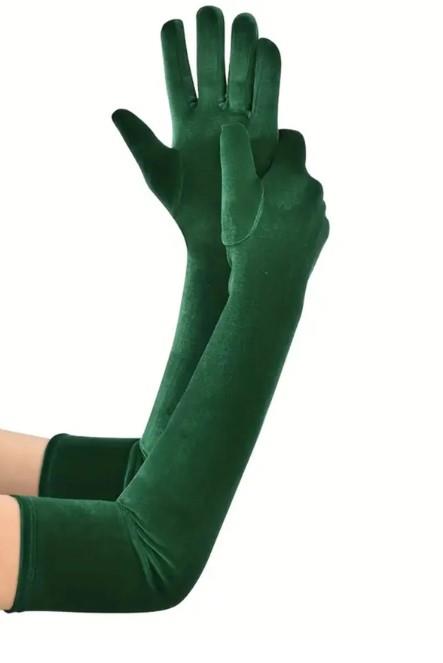 Uzun Kadife Gelin Eldiveni Şık Asil Parti, Düğün Kostüm, Özel Günler İçin Opera Boy Zümrüt