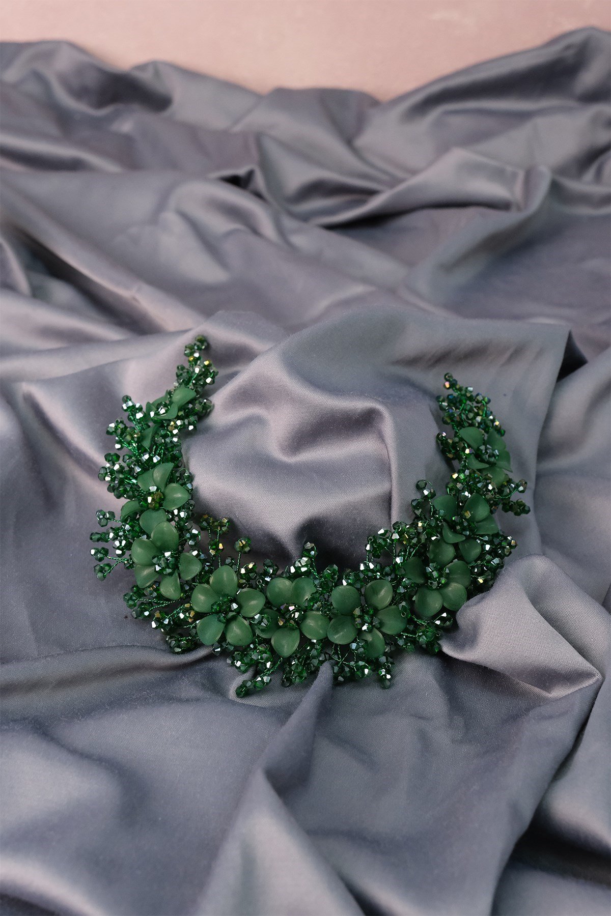 Yeşil Nida Çiçek Mineli Gelin Tacı Saç ve Türban Aksesuarı