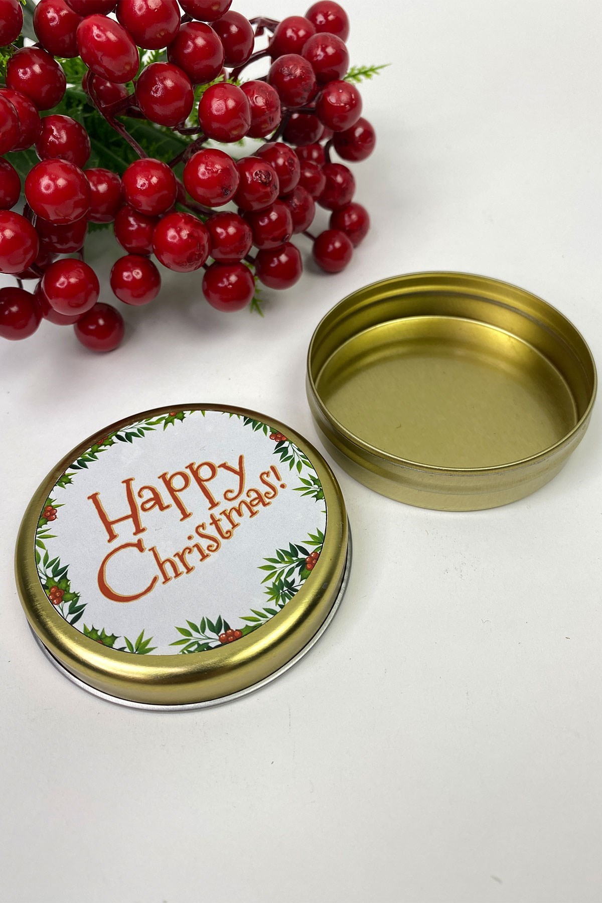 Yuvarlak Gold Teneke Kutu Happy Christmas Baskılı