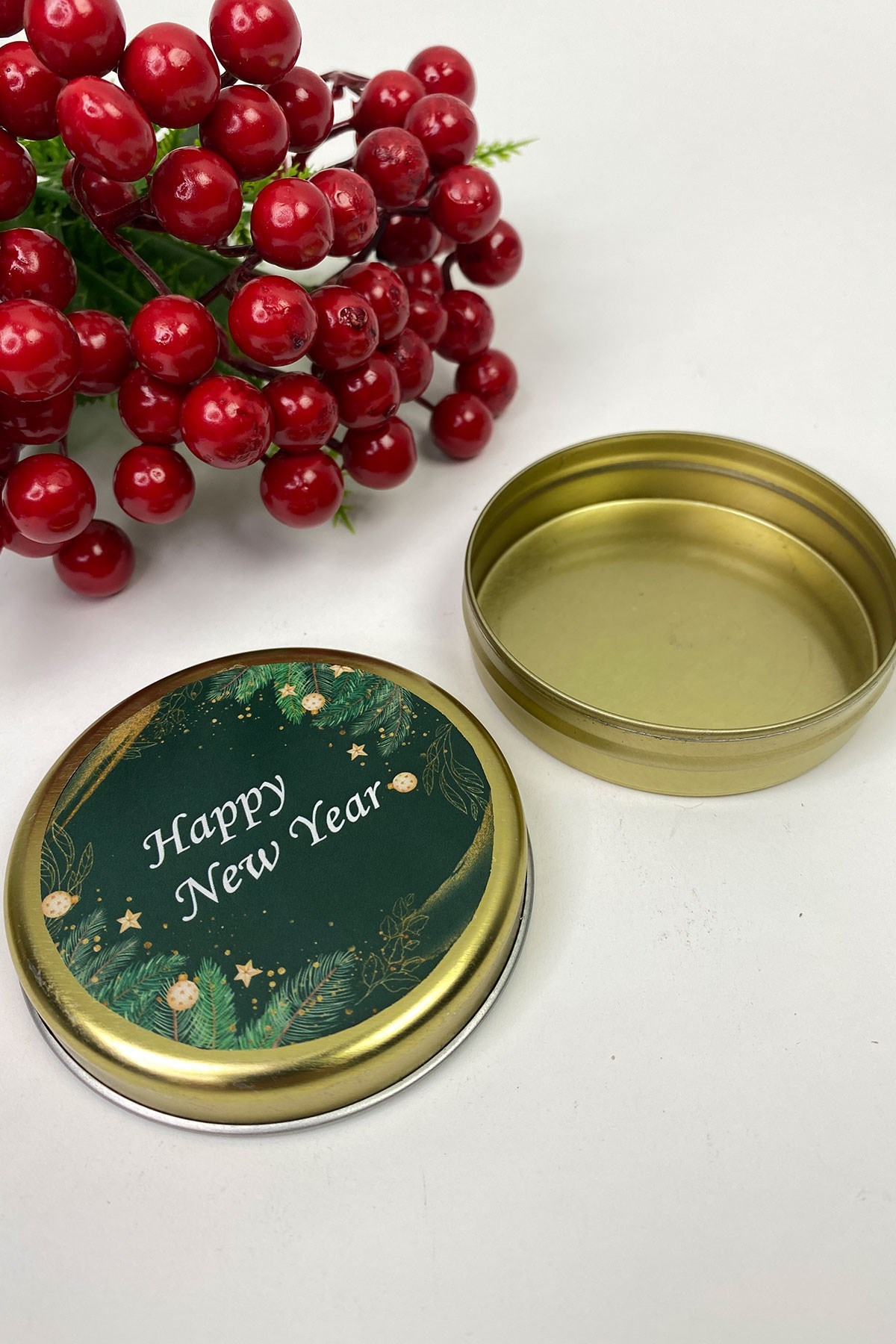 Yuvarlak Gold Teneke Kutu Yeşil Happy New Year Baskılı