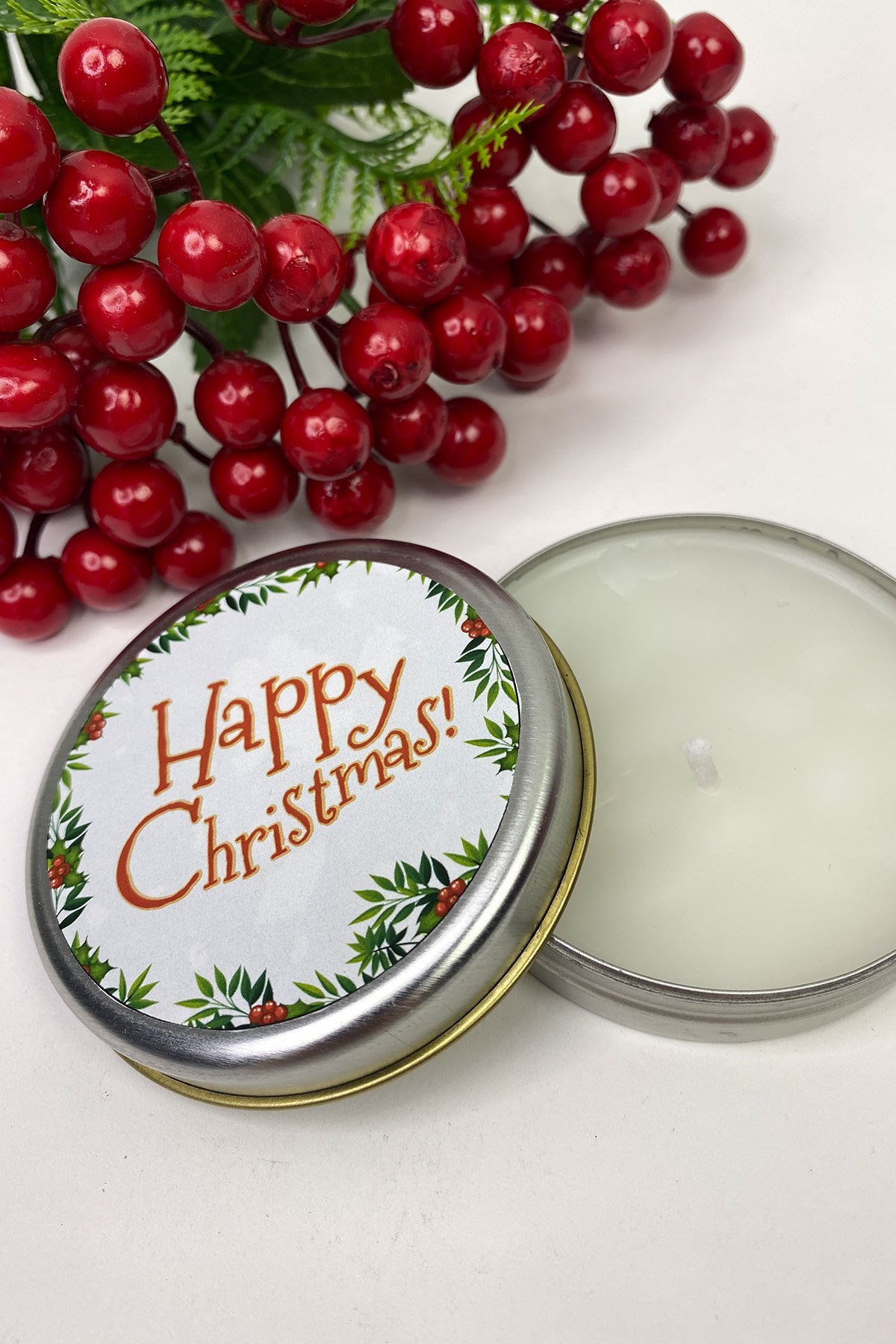 Yuvarlak Gümüş Teneke Mum Happy Christmas Baskılı