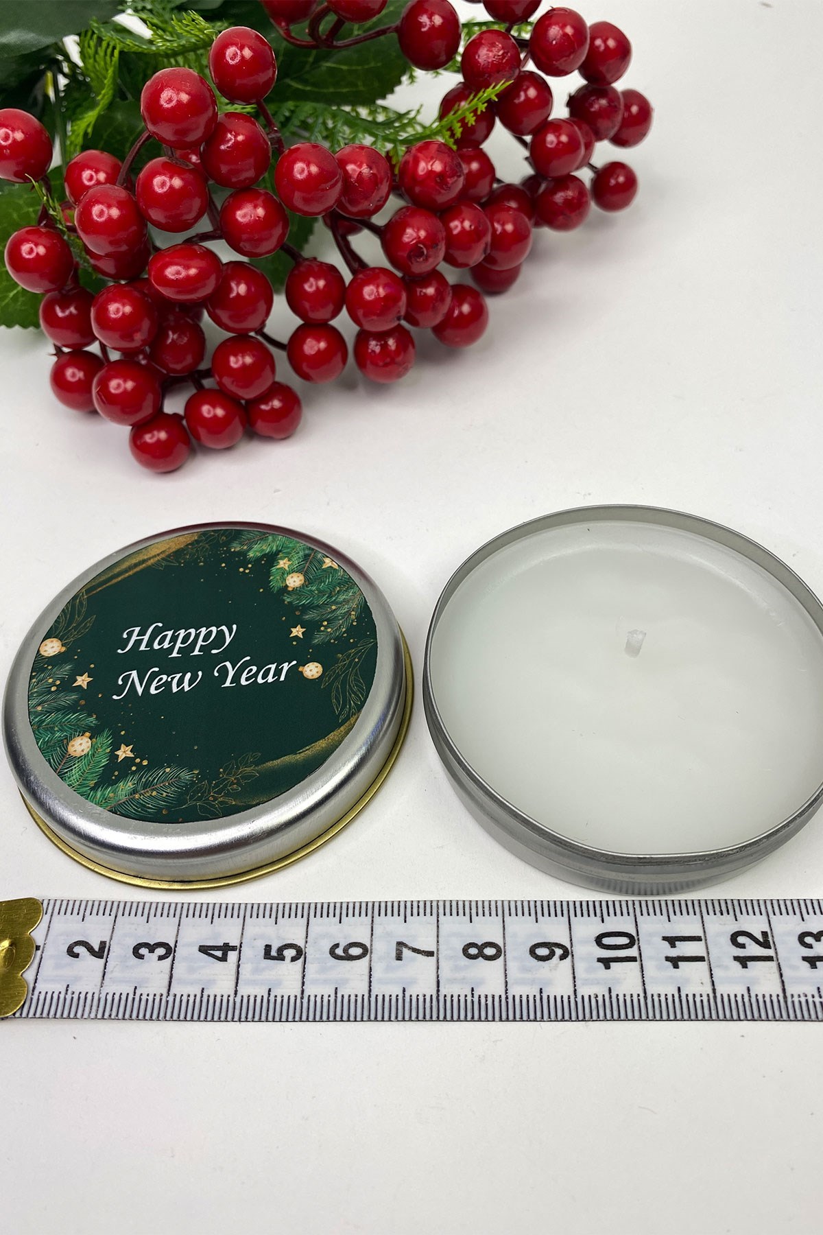 Yuvarlak Gümüş Teneke Mum Yeşil Happy New Year Baskılı