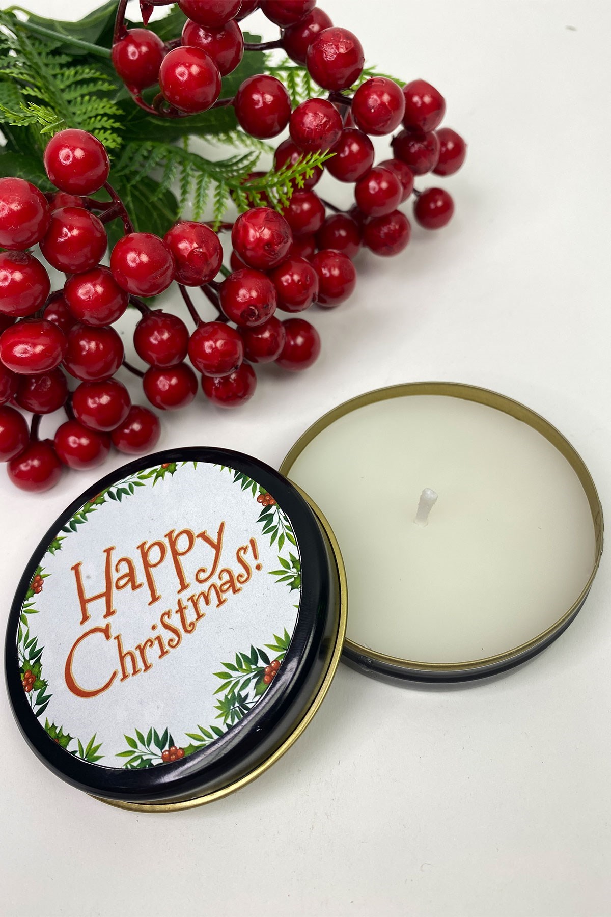 Yuvarlak Siyah Teneke Mum Happy Christmas Baskılı