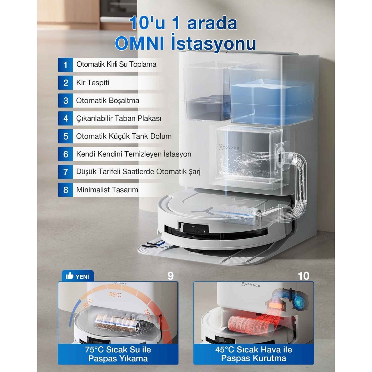 Ecovacs Deebot DEX68-13EC T80 Omni White Robot Süpürge ve Paspas 20.000PA Zerotangle 3.0 75°c Sıcak Sulu Paspas Yıkama