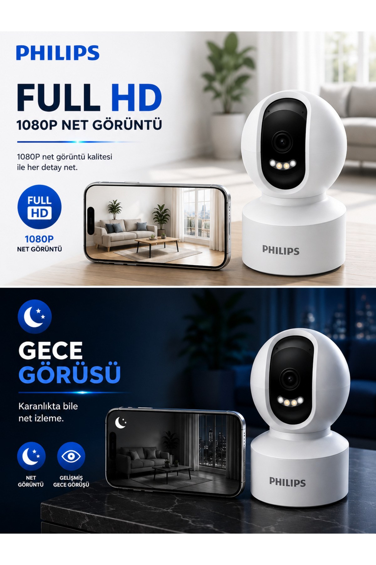 Philips TAI6000W Full HD Akıllı Ev Kamerası | 355° Panoramik Görüş | Gece Görüşü | Hareket Takibi | 128 GB MicroSD Desteği
